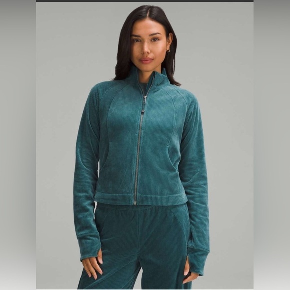 lululemon athletica Jackets & Blazers - Lululemon Scuba Track Jacket Velvet Velour Cord Storm Teal Cotton Jersey sz8